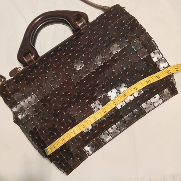 Vintage CEM Leather Tile Patchwork Purse Handbag Shoulder Bag Wood Handle Brown - Picture 12 of 15